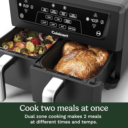 Freidora de aire Cuisinart de doble cesta, dos cestas en total 11 QT, freidora de aire de 4 funciones para freír, asar, hornear y mantener caliente, cuenta con acabado y configuración de sincronización, recordatorio de lanzamiento, modo de calentamiento automático y pausa automática