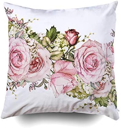GROOTEY Square Pillow Case with Zippered for Home Sofa Decor 18X18Inch Costom Cute Pillows Throw Cover Cushion, Isolated Border Pink Flowers Leaves Vintage Watercolor Floral Pattern Leaf Rose Pastel