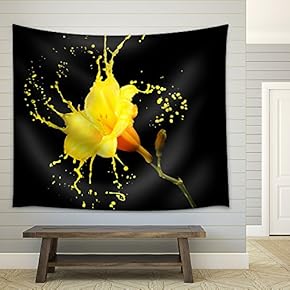 Bright Flower with Yellow Splashes on Black Background - Fabric Wall Tapestry Home Decor - 51x60 inches