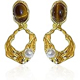Vintage Oval Natural Stone Dangle Drop Earrings for Women Gold Tone Dainty Irregular Tiger's Eye Pearl Statement Dangling Stud Lightweight Fashion Jewelry