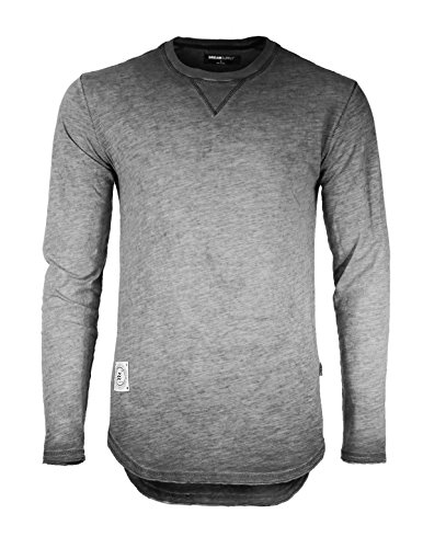 Mens Long Sleeve Crewneck Oil Wash Vintage Raw Edge Hem Hipster Hip-Hop T shirt (Large, Charcoal Fulfilled by Amazon)