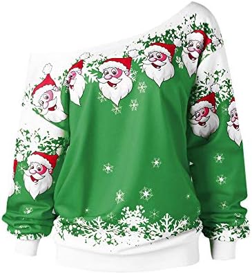 Youngh Christmas Womens Sweatshirt Skew Collar Santa Claus Print Loose Long Sleeve Casual Shirt Tops Blouse