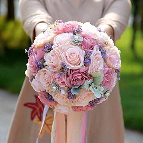 Zebratown 8'' Lavender Bridal Bridesmaid Pearl Bouquets Artificial Pink Rose Silk Flowers Bouquet Home Wedding Decoration (Lavender)