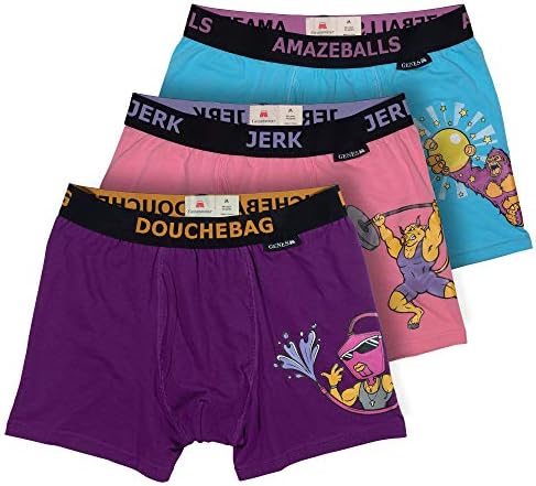Geneswear Men's 3 Pack Cotton Underwear Boxer Briefs aka Trunks with Funny Print and Waistband Text