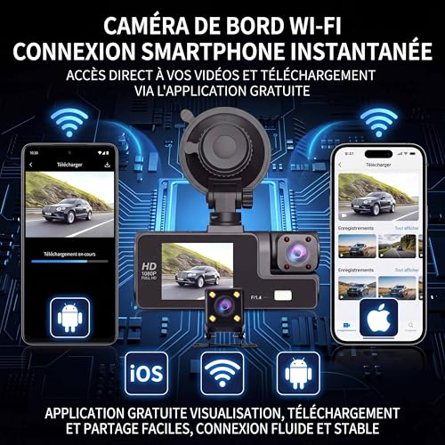 Dashcam 3 Cameras 1080P Full HD | Maximum 360° Security with No Dead Angle, Night Vision and Parking Monitored, Built-in WiFi Motion Detection, Ideal for Drivers