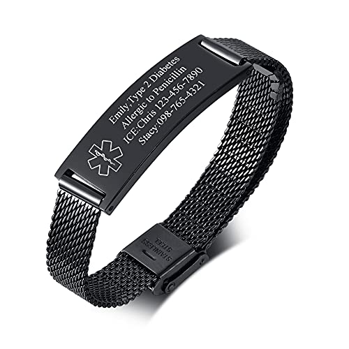 VNOX Medical Alert Bracelets for Men & Women Kids with Free Engraving Adjustable Stainless Steel Mesh Emergency Medical ID Bracelets Wristband