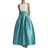 Caodip Womens Satin Long Prom Dress Crew Neck Formal Evening Dress Elegant A Line Wedding Guest Dress with Pockets