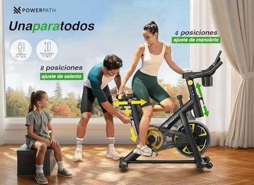 PowerPath - Bicicleta Fija Spinning Bluetooth Magnética Silenciosa Soporta 150 kg Monitor Electrónico Color Negro Ajustable Ideal para Entrenamiento Cardio con Apps en el Hogar