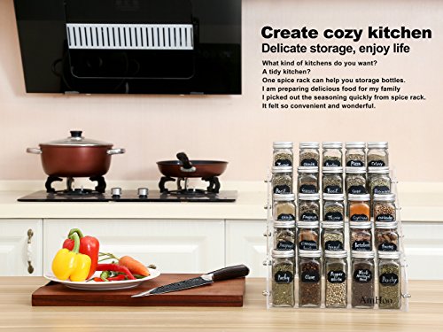 AmHoo Acrylic Spice Rack with 25 Clear Glass Jar Bottles and 80 Chalkboard Labels - 5 Tiers Kitchen Spice Rack Organizer
