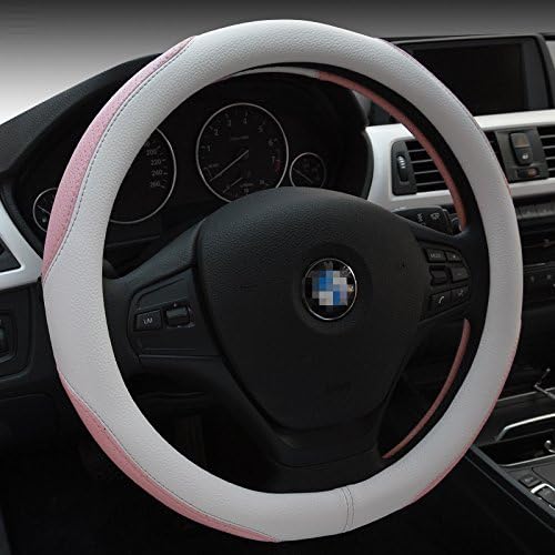 JoJoauto Cool Microfiber Leather Auto Car Steering Wheel Cover Universal 15 inch (White+Pink)
