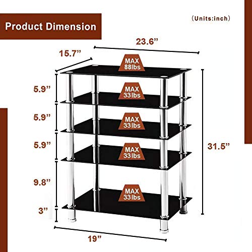 Media Stand,Audio/Video/AV Component Rack Tower Cabinet,Game Console Shelving Record Player Shelves Table with Glass Storage Shelf for Entertainment Center TV/XBOX/PS4/Stereo Home Theater (5 Tier)