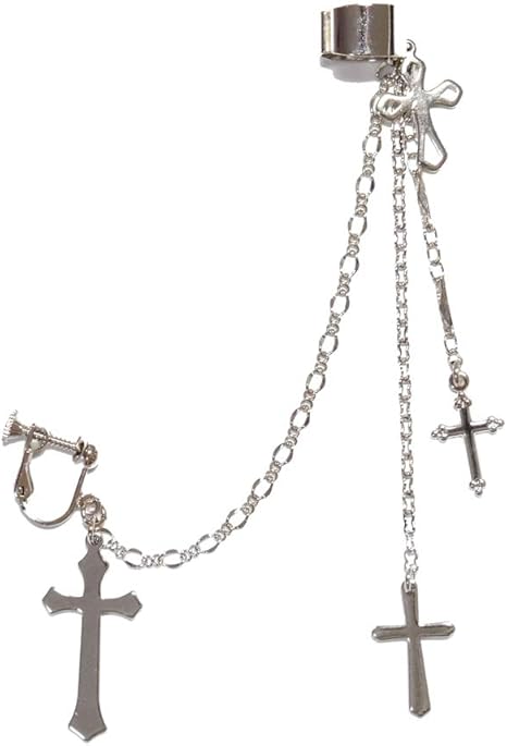 Amazon Co Jp 十字架 クロス 銀 シルバー メンズ レディース ライブ 女性用 ハロウィーン チェーン イヤークリップ イヤーカフ イヤリング フェイク ゴシック ゴスロリ パンク ｖ系アクセサリー ホビー
