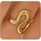 Navirix Stainless Steel Gold Chunky Rings for Women,Asymmetrical Wavy Curve Thumb Ring,Vintage Adjustable Anniversary Birthday Jewelry
