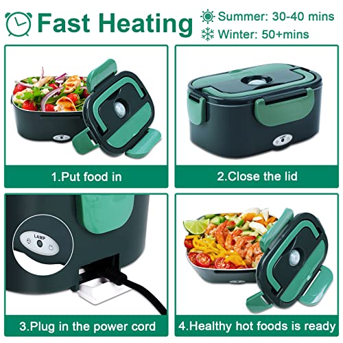 Gentre Portable Electric Lunch Box for Car Truck and Office 4 in 1 12 V/24 V/220 V ~ 240 V 1.5 L 60 W Stainless Steel Lunch Box, Compartments, Fork Spoon and Carry Bag
