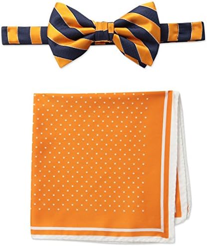 Steve Harvey Men's Satin Stripe Woven Bowtie and Dot Pocket Square, Orange, One Size