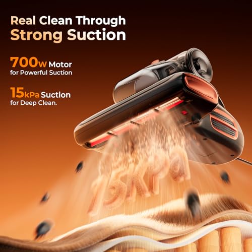 JIGOO T600 Anti-dust Vacuum Cleaner for Mattresses with UV Light and Vibration, 700W 15kpa Eliminates 99.9%, LED Display, 5s Fast Heating Dust Collector, Silent Design 72dB without Noise