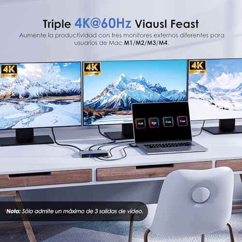 WAVLINK Triple Monitor Adapter for macOS M1/M2/M3/M4 Systems. Type-C&A Hosts, 100W PD IN, 3 HDMI 2 DP Available, Triple 4K@60Hz, USB 3.2 Gen 2 Host and SMI Driver Required