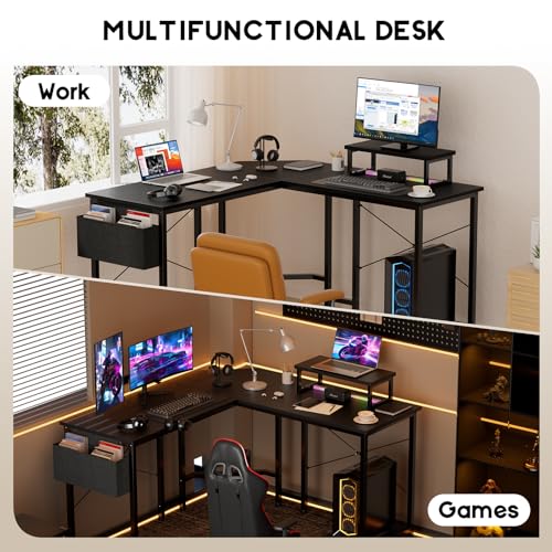COSENGA Escritorio Gamer, Escritorio para Computadora en Forma de L de 51 Pulgadas con Soporte para Monitor y Bolsa Almacenamiento, Escritorio en L para Oficina y Gaming, Negro