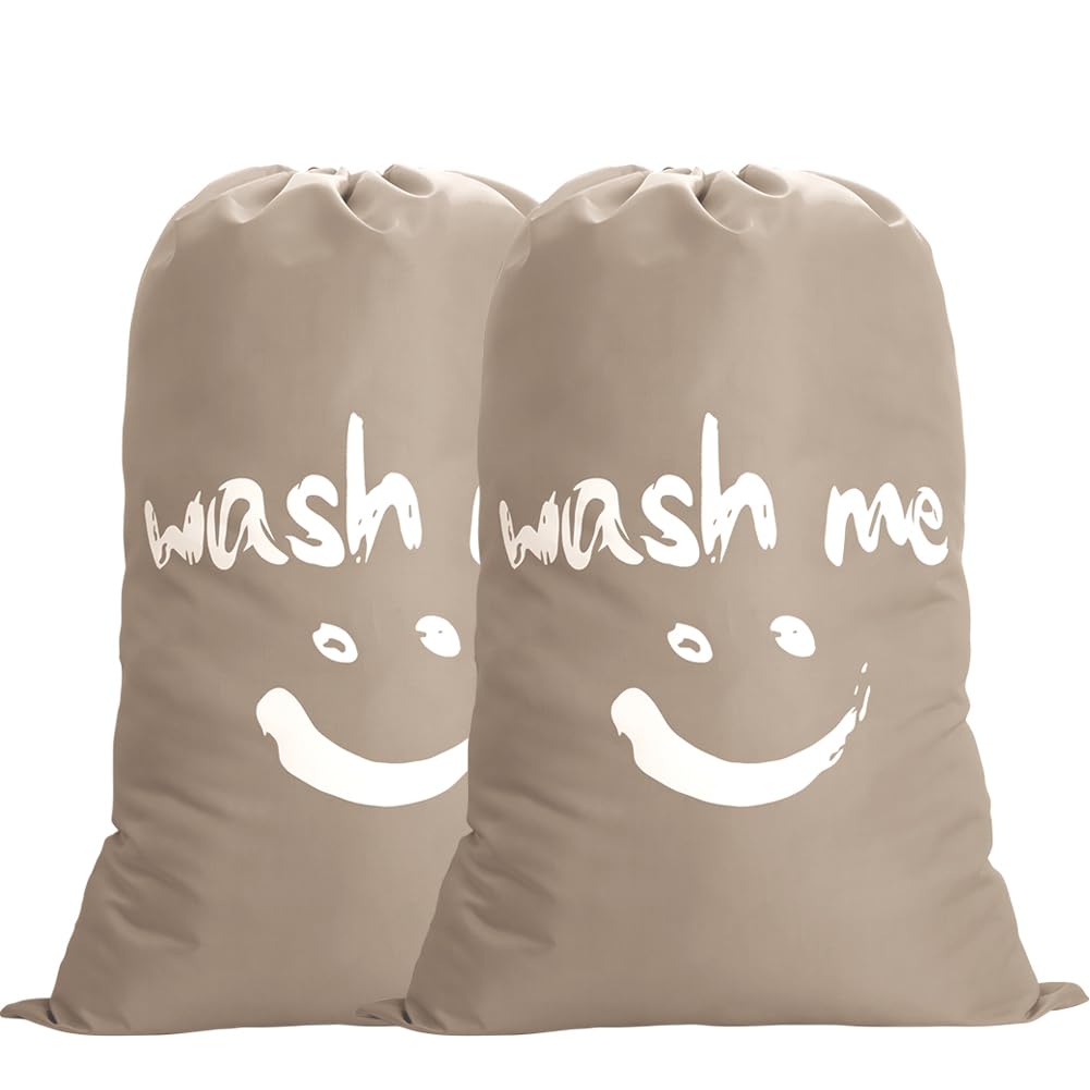 IHOMAGIC Pack of 2 Large Laundry Bag with Drawstring, 120L Washing Bag - Foldable Clothes Bag, Smile Washing Bag Blanket Quilt Bag Durable Fabric Storage Bag for Dorm Hotel Home 61x92cm (Khaki)