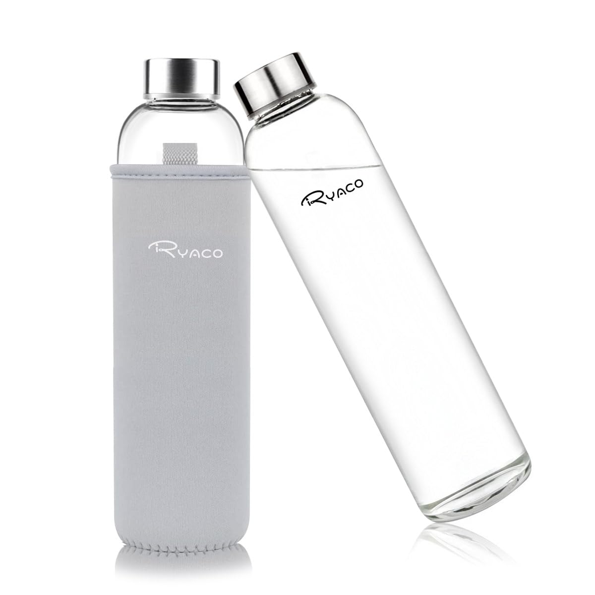 RYACO Glass Water Bottle 750ml/25oz,Borosilicate Glass Bottle with Neoprene Protective Case for Hot Cold Drinks,BPA-Free Leak Proof,Sport Water Bottles with Sponge Brush,Dishwasher Safe