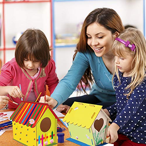 Vannana 2Pcs DIY Bird Houses Craft Kit for Ages 3-18,Build and Paint Birdhouse,Wooden Arts for Supplies Party Favors for Girls& Boys,Includes Paints,Brushes,Glue,Stickers,Apron(Random Stickers)