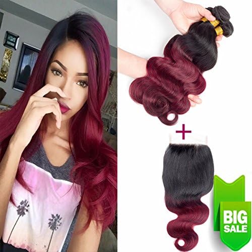 Seelaak Hair Ombre Wine Red Brazilian Virgin Hair Extensions Body Wave 3 Bundles with 4x4 Lace Closure Two Tone T1B 99j Human Hair Weave Bundles (18 20 22+16)
