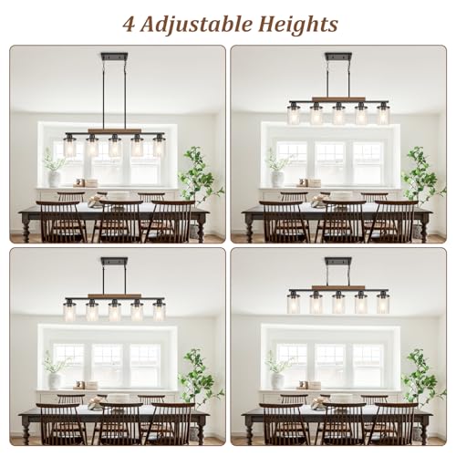 Feohak 5-Light Dining Room Light Fixture,Farmhouse Black Metal and Wood Kitchen Island Light with Glass Shade