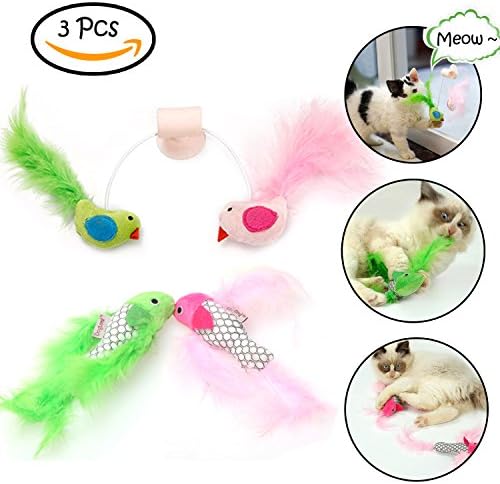 BoToKiNo Wall Mounted Cat Toy and Two Pet Feather Fish Toys-Cat Bird Interative Playing Toy Teaser Wand Sucker Window Cat toy, 3 Pcs