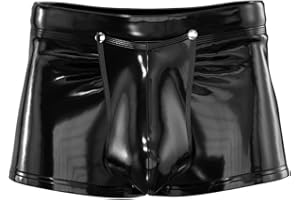 XOKESY Men Sexy Open Crotch Leather Boxer, Glossy, Plus Size S-5XL, Shiny Latex Short Pants