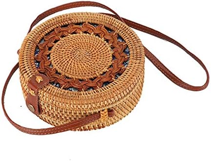 Round Rattan Boho Purse Handwoven Straw Bag Bamboo Bag