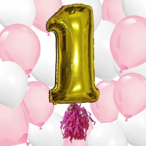 40" Gold Number 1 with 10 Pink & 10 White Helium Latex Balloons 1st Girls Birthday Party Big First Birthday on Bouquet Kit by Washunga Fun!