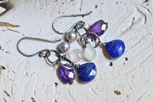 Lapis Lazuli Purple Cubic Zirconia Moonstone Lavender Pearl Oxidized Sterling Silver Dangle Earrings