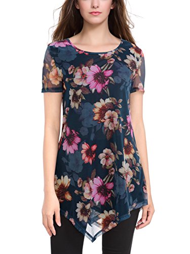 BAISHENGGT Women s Mesh With Lining Irregular Hemline Flared Tunic Top Medium Blue Floral