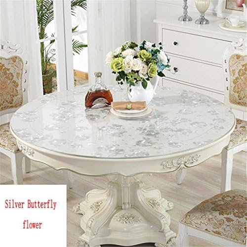 LLY Round PVC Tablecloth Silver Butterfly Flower Pattern Table Covers Soft Glass Protector Waterproof Anti-Oil Clean Easily PlasticTablecloth Table Mats, Thick 1mm