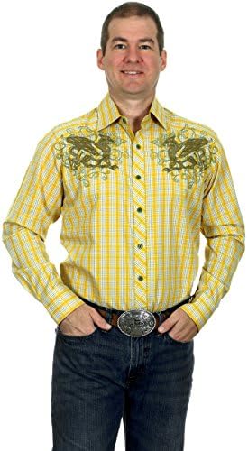 Men's Western Plaid Long Sleeve Pearl Snap Shirt with Embroidered Griffons in 4 Great Colors (Large, Yellow)