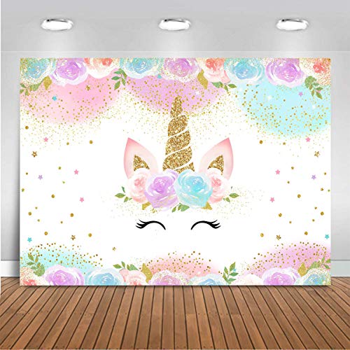 Mocsicka Rainbow Unicorn Backdrop for Girls Watercolor Floral Unicorn Party Decorations Princess Children's Birthday Party Decorations Studio Props (7x5ft)