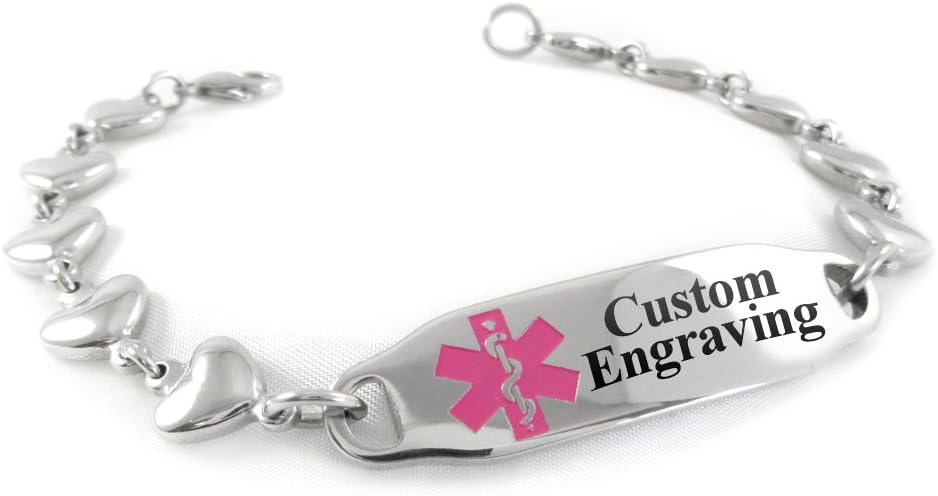 MyIDDr Custom Engraved Medical Alert Bracelet for Women Steel Heart 6mm - Pink