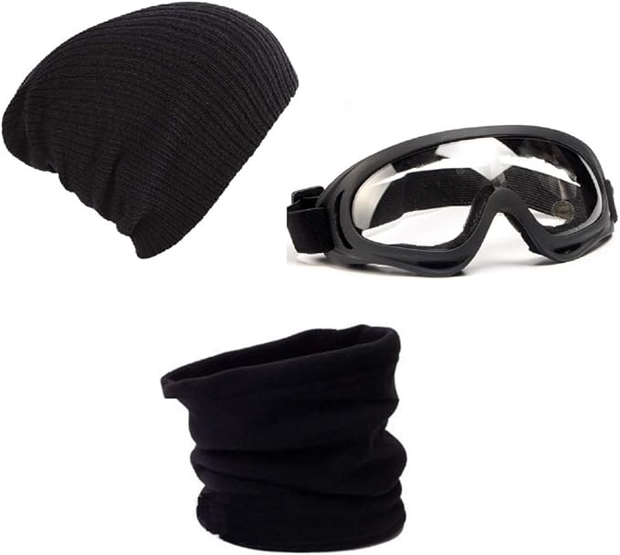 World Bridge スキーセット 防寒3点 スキーゴーグル ニット帽子スキー スキーネックウォーマー 黒 透明 World Bridge グローブ Amazon