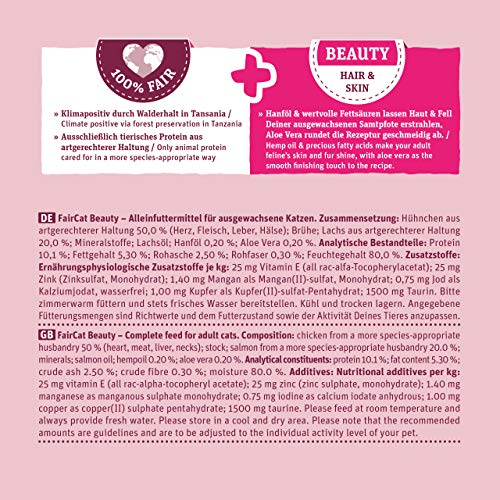 Green Petfood FairCat Beauty (16 x 85 g), getreidefreies Katzenfutter, Katzennassfutter mit Tierwohl-Hühnchen und Lachs aus artgerechter Haltung, Katzenfutter mit Hanföl für schönes Fell, 16er Pack – Bild 7