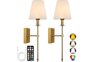 YESIE Rechargeable Battery Operated Wall Sconces Set of Two,4 Color Temperatures,2X40W Equivalent Lamp,300Lumen Detachable Charging Light Bulb,Remote Control,Dimmer,Timer,White Shade, Non-Hardwired