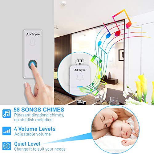 Wireless Doorbell, Wireless Door Bell Chime Kit with LED Light, Easy Install, Over 1000-feet Range, 58 Chimes, by AikTryee (Classic White)