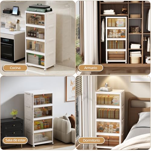 NETEL Plastic Storage Boxes, 47L 4 Units Storage Box with Lid, Plastic Folding Box, Stackable Storage Box with Wheels, Suitable for Bedrooms, Living Rooms and Kitchens