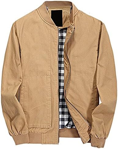 Men's Classic Fit Cotton Lightweight Bomber Jacket (Khaki,L)
