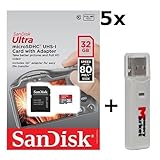 5 PACK - SanDisk Ultra 32GB UHS-I Class 10 MicroSDHC Memory Card Up to 80mb/s SDSQUNC-032G with adapter LOT OF 5 and SD Memory Card Reader