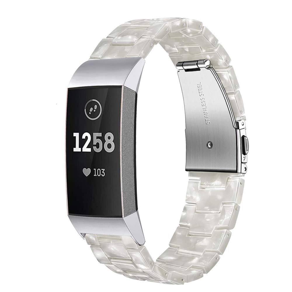 Wongeto Resin Straps Compatible for Fitbit Charge 4 / Charge 3 Bands and Charge 3 SE Band，Replacement Wrist Accessory Bracelet Wristbands Women Men (Pearl White)