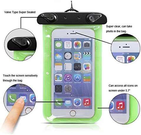 Universal Waterproof Protective Case Pouch with Armband and Neck Strap (Layer); with Touch Responsive Front and Back Transparent Screen Protector; Fits Any Phone Version Under 6 Inch; Apple Iphone 6plus; 6; 5; 4s; 4; 3; Samsung; Htc; Mp3; Size: 17.5cm X 10.5cm; 100% Sealed; Waterproof to 20m Depth; Dry Bag for Outdoor Activities; Perfect for Boating / Kayaking / Rafting / Swimming; Protects Your Cell Phone or Mp3 Player From Water, Sand, Dust and Dirt (Green)