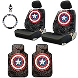 Yupbizauto 8 Pieces Marvel Comic Captain America Car Seat Covers Floor Mats and Steering Wheel Cover Set with Air Freshener