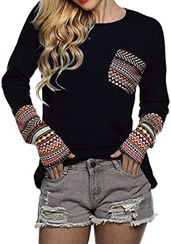 Women Casual Fit T-Shirt Blouse Top Long Sleeve Patchwork Pattern O-Neck