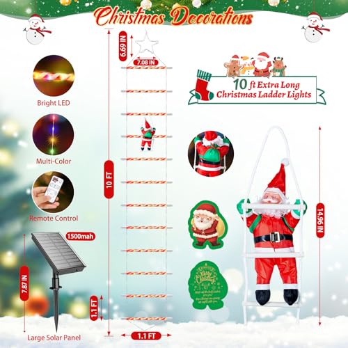 2023 Newest Outdoor Christmas Decorations, 10ft Solar Christmas Ladder Lights with Santa Claus & Top Star, 8 Modes Colorful Waterproof Christmas Decorations Outside Window Wall Roof Xmas Tree Decor