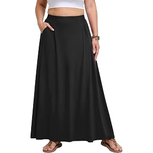Lastshe Womens Plus Size Maxi A-line Skirt Casual Elastic High Waist Flowy Long Skirts with Pockets